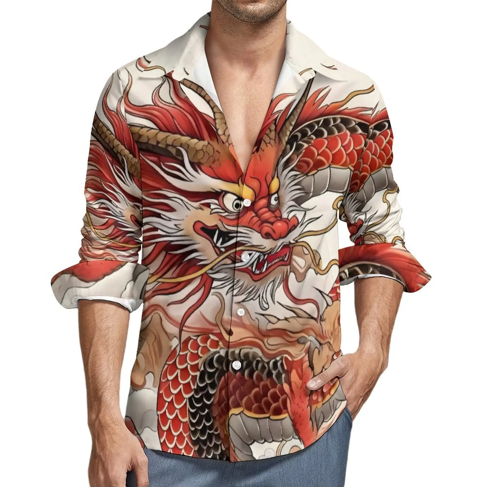 

Year of The Dragon Casual Shirts Animal Cool Shirt Autumn Stylish Oversize Blouse Male Long Sleeve Design Top Birthday Present