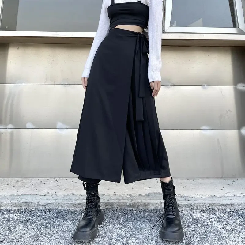 Harajuku Fake Two-piece Baggy Pants Women Spring Summer New High Waist Irregular Black Wide Leg Pants Streetwear