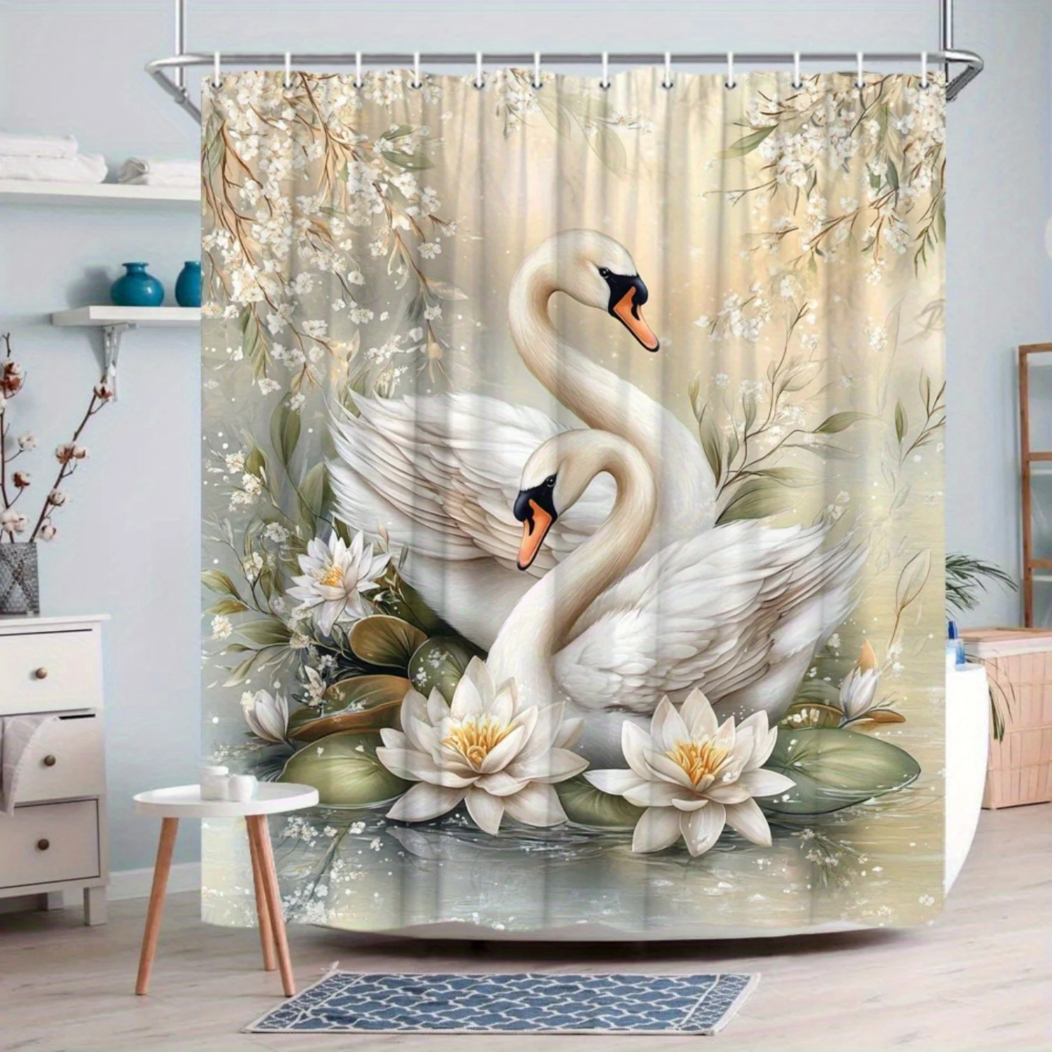Luxury Swan Floral Watercolor Lotus Shower Curtain Waterproof Bathroom Decor Spring Nature Art Curtain Panel