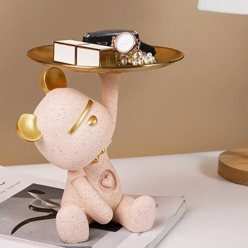

Cute Bear Butler Statue with tray Storage Plate for Keys wristwatch Jewelries Home Decoration Bear Resin Sculpture Desk Figurine
