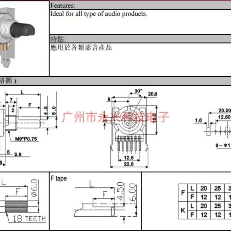 2PCS 161 Type Potentiometer Horizontal Duplex Single Row 6Pin B503 B50K Power Amplifier Audio Volume Half Shaft 20MM