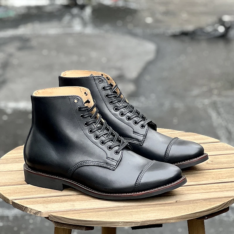 Male Goodyear-stitching Leather Casual Trend Business Lace Up High Top Leather Shoes Men's Workwear Boots