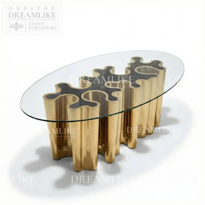 custom.Premium Curved Glass Wedding Event Table Stainless Steel Frame Banquet Furniture Bulk Order