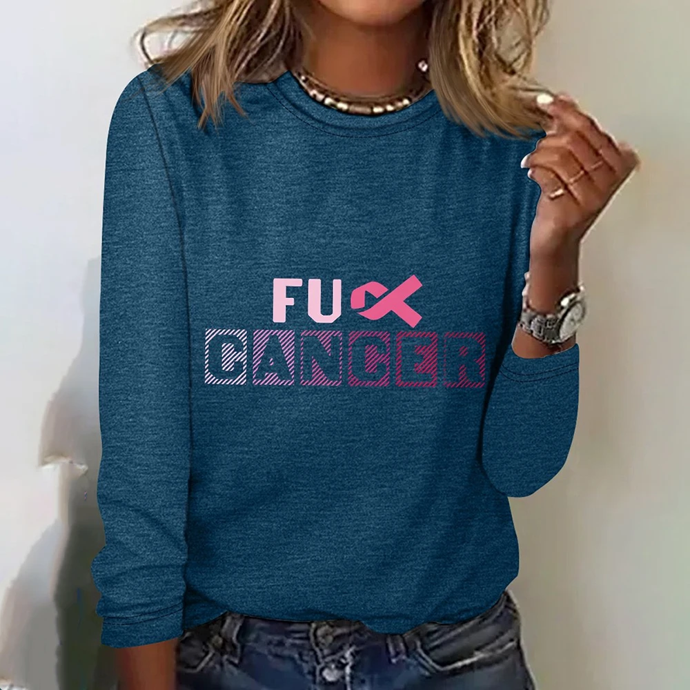 Letter Pattern Pink Ribbon Fall Cotton Long Sleeves T shirt Women's T-shirts Casual Loose O-neck Women Clothing Streetwear Tops