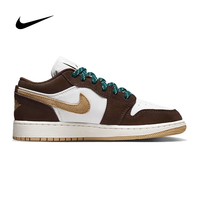 Nike Air Jordan 1 Low SE (GS) Unisex Brown-White Low-Top Durable Breathable Basketball Casual Sports Shoes FB2216-200