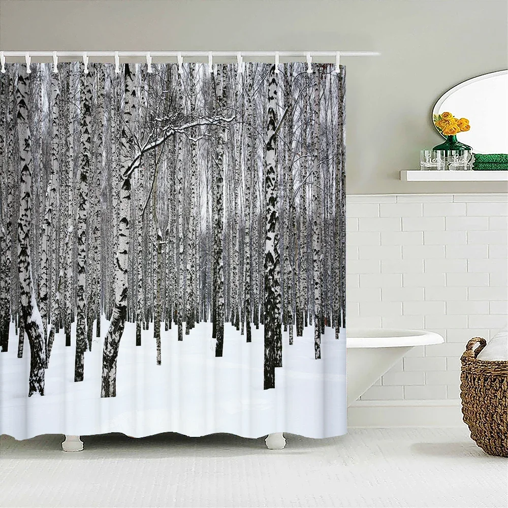 Birch Trees Forest landscape Shower Curtain Waterproof Fabric Bathroom Curtains Natural Scenery Bath Screen with 12 Hooks