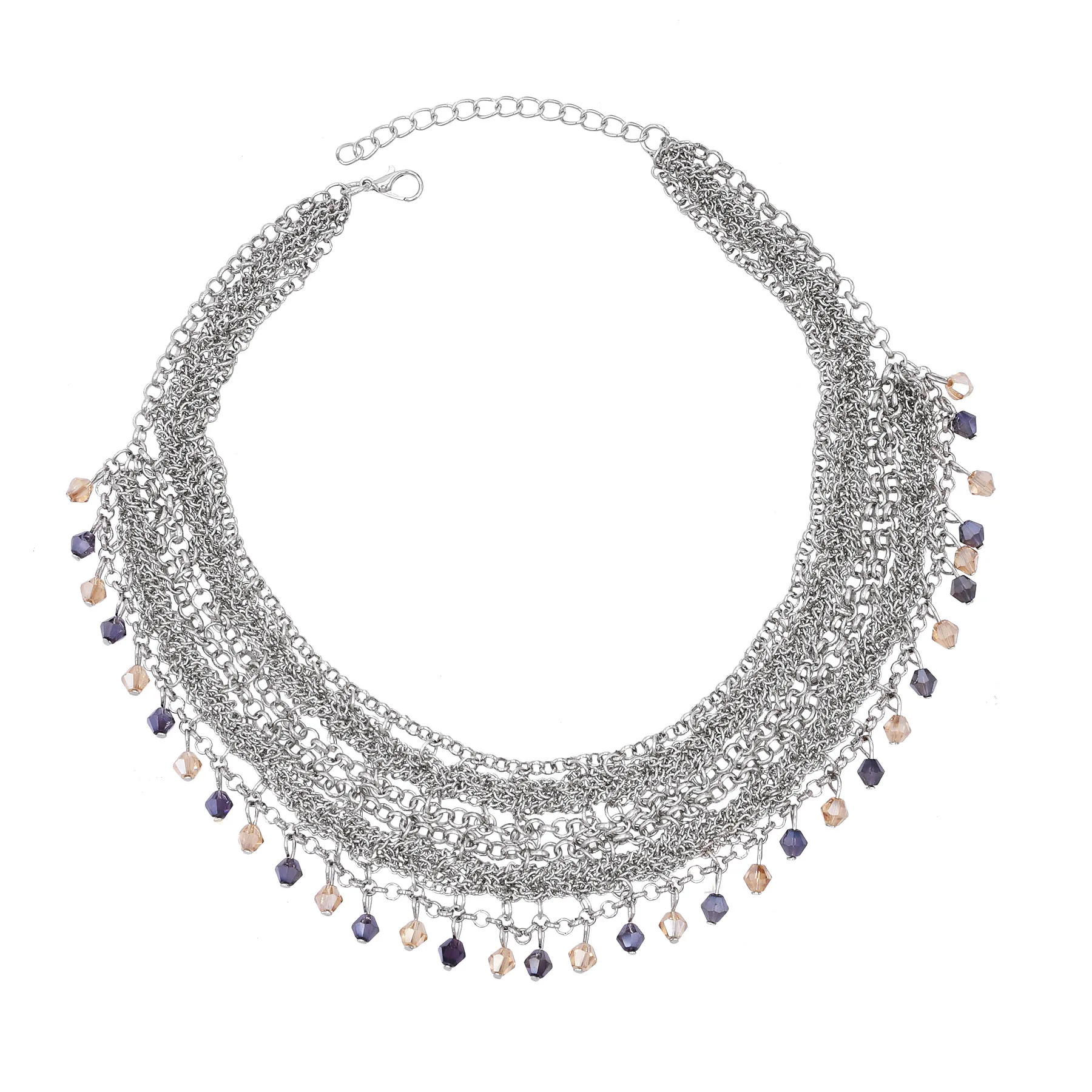 Multi Layer Silvery Chain Crystal Tassel Bib Necklace for Women Dainty Chunky Bead Fringe Collar Statement Necklaces Jewelry
