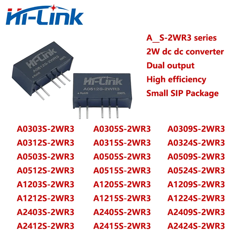 Hi-Link A0503/05/09/12/15/24S-2WR3 Mini 2W 3.3V/5V/9V/12V/15V/24V DC DC Converter Power Supply Intelligent Module Dual Output