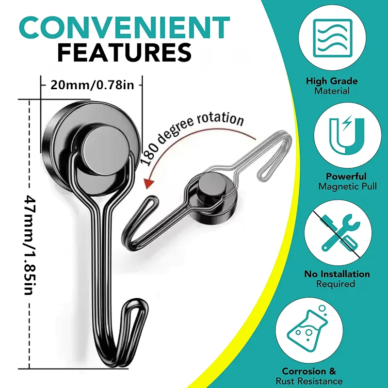 20mm Black Silver No-drill Magnetic Hooks Heavy Duty Strong Magnets Hook for Home Kitchen Refrigerator DIY Multipurpose Storage