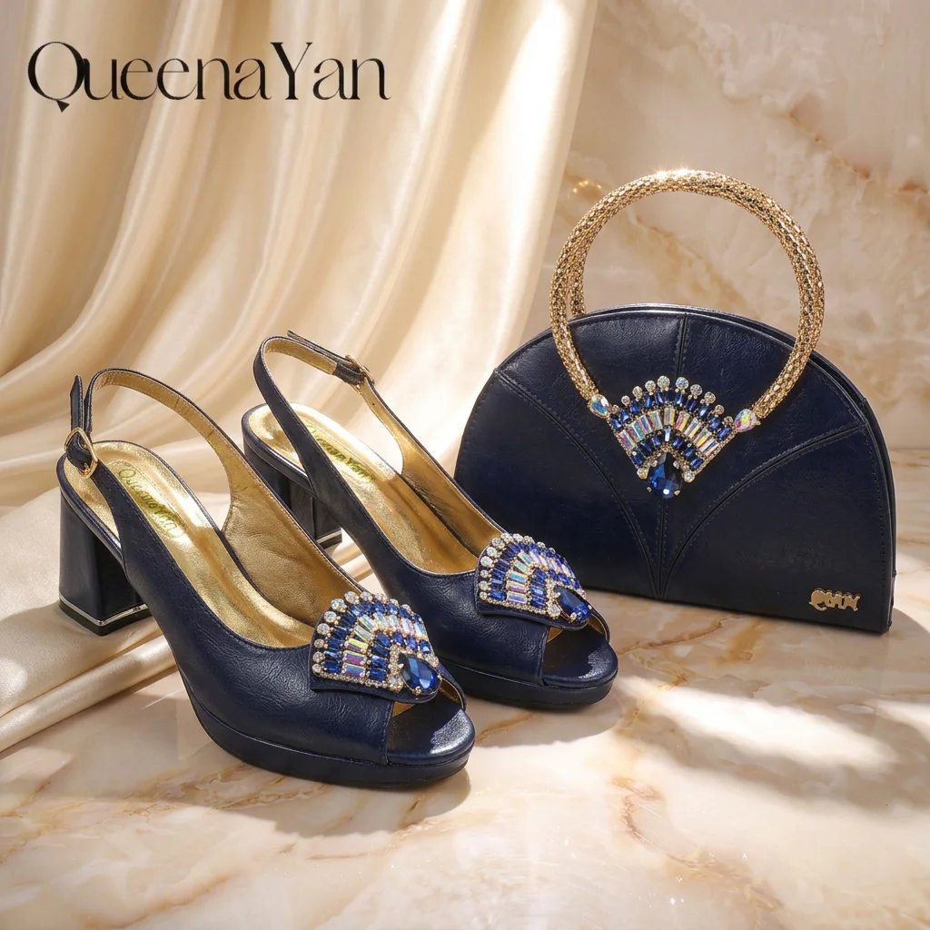2026 New Itlian Design Dark Blue Platform Slingback Heels with Handbag Set Shiny Crystal Embellished Ladies Shoes Bag for Party