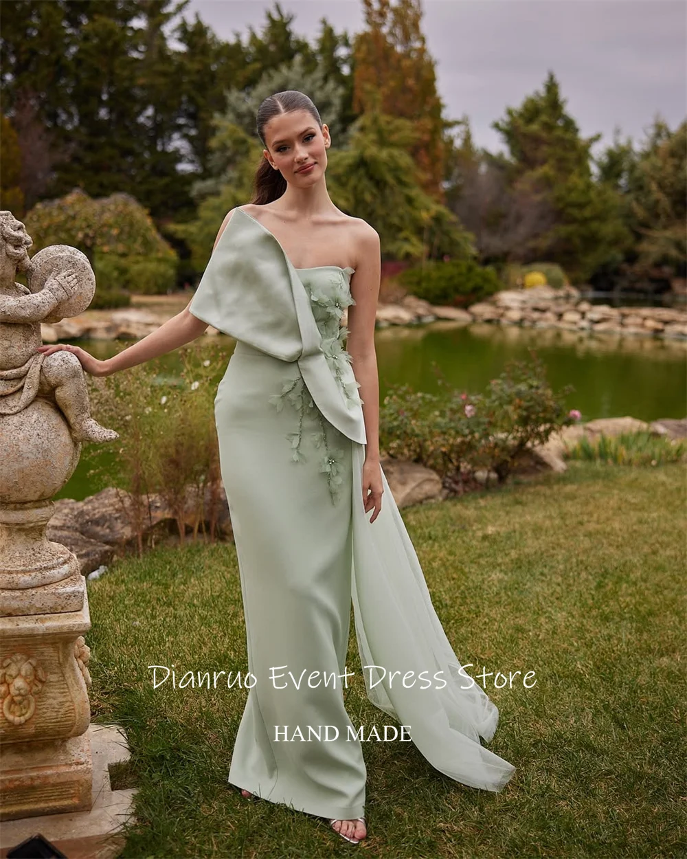 Dianruo verde hasta el suelo vestidos de noche satén sirena apliques vestidos de graduación sin tirantes elegante Abiti Da Cerimonia personalizado