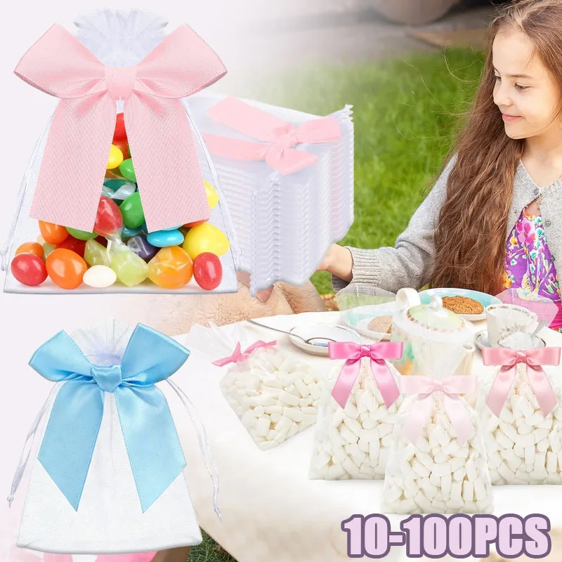 10-100PCS Organza Drawstring Candy Bag with Bowknot Fine Mesh for Jewelry Ring Necklace DIY Storage Gift Wrapping