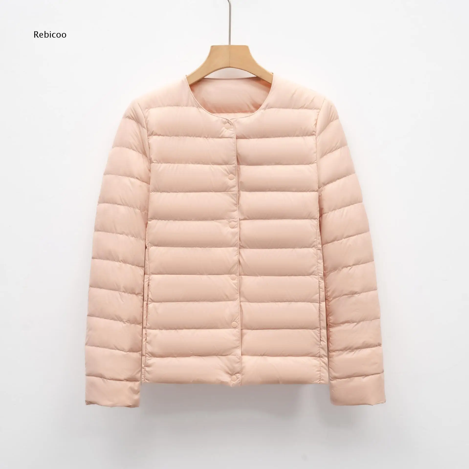Collarless Light Down Jacket For Women Snap Button Front Closure Portable Style For Travel Commuting And Home Occasions