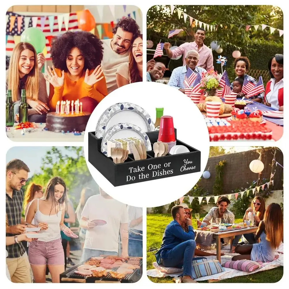 

Reliable Farmhouse Rustic Wooden Plate Cup Napkin Dispenser Box Paper Plate Organizer Portable Picnic For Cups Forks Spoon Plate