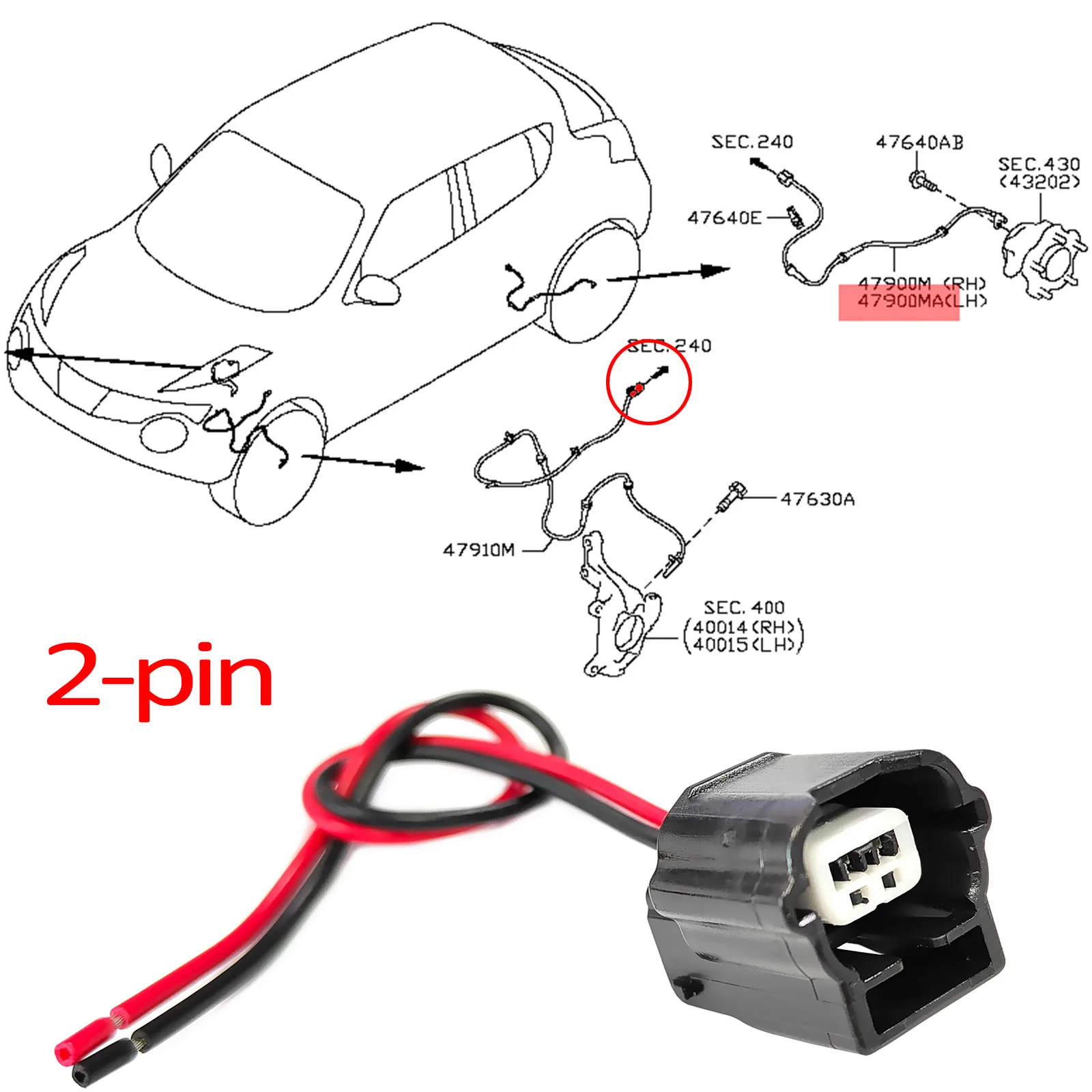 For Nissan Leaf Micra March Versa Note Almera Sentra Pulsar Tiida Pathfinder 2Pin ABS Sensor Wheel Speed Connector Pigtail Plug