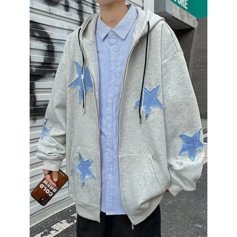 Men\'s Star Patch Zip Up Hoodie for Men Oversized Y2k Sweatshirt Jacket E-Girl 90s Pullover Streetwear