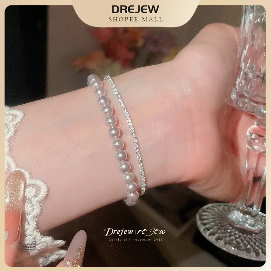 DREJEW Double Layer Design Round Imitation Bead Bracelet Sparkle Chain Dainty Stackable Elegant Style Jewelry for Women