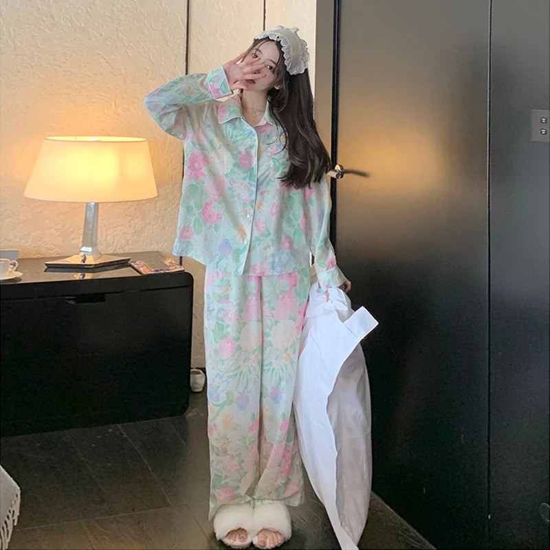 Pastoral Style Summer Silk Pajamas Set for Ladies 2023 New Long Sleeve Top and Pant Suits Sleepwear Pajamas Sets Home Suit Woman