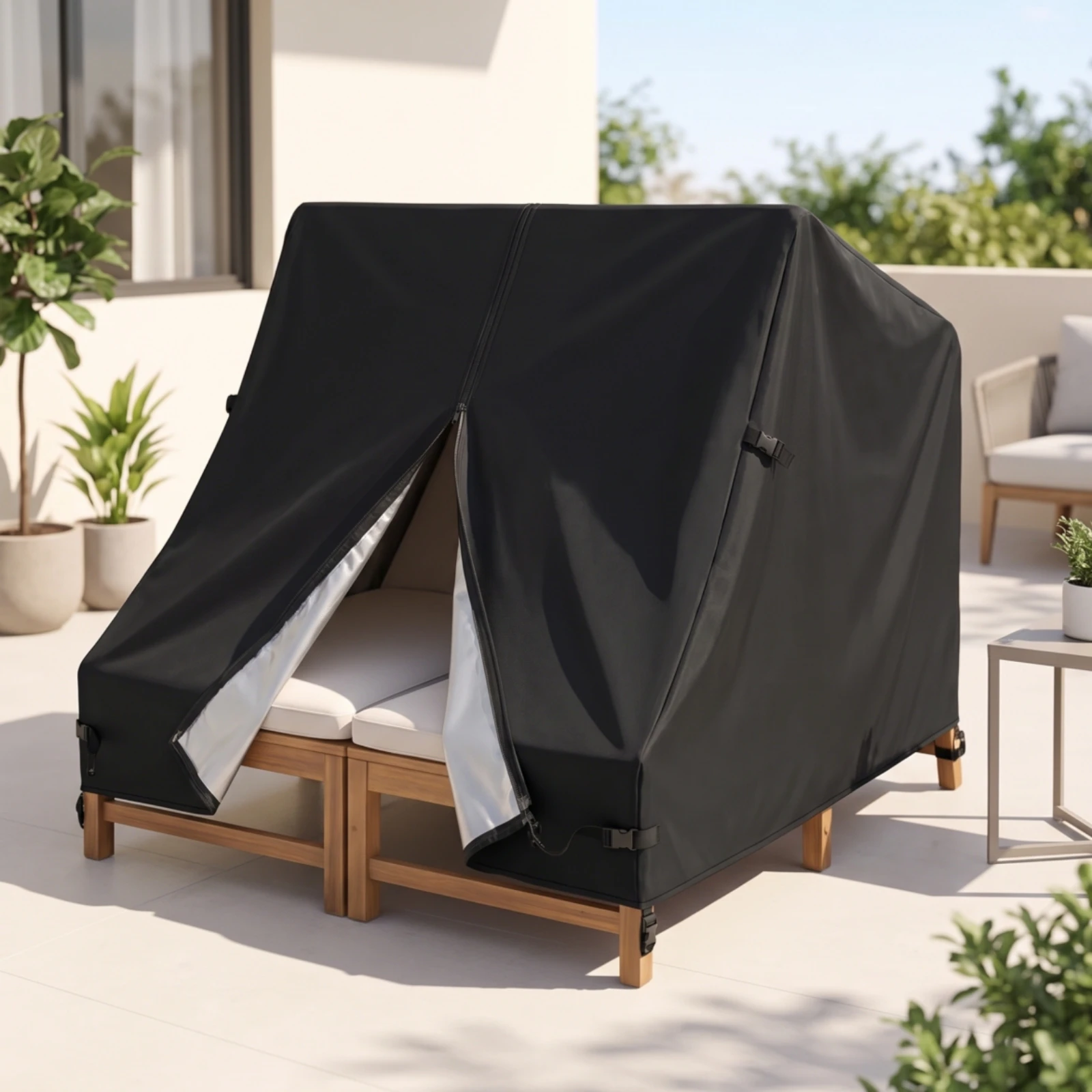 Double Chaise Lounge Cover Waterproof Chaise Cover with Zipper Heavy Duty Weatherproof for Poolside, Backyard