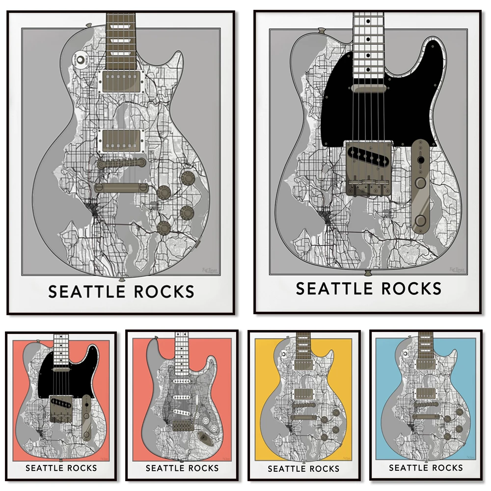 Seattle map, tv guitar, Seattle guitar map print, Seattle Rocks, Washington map, minimal map poster, fenders,