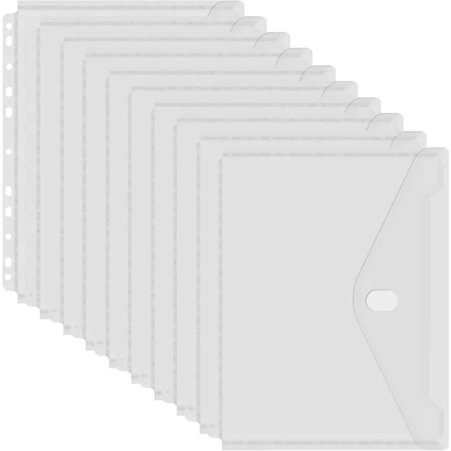 

11 Holes Clear Poly Envelope Binde Pocket Insert with Hook and Loop Closure Letter Size 10 Packs Transparent