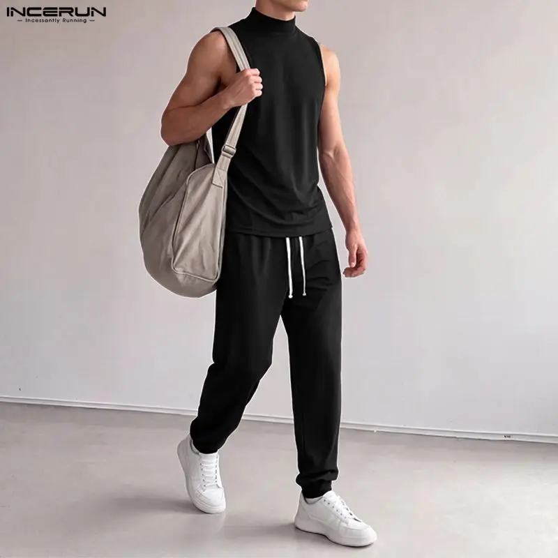 INCERUN Men Sets Solid Color Turtleneck Sleeveless Tank Tops Pants Two Piece Sets Streetwear Casual Men Matching Sets Tracksuits view 3