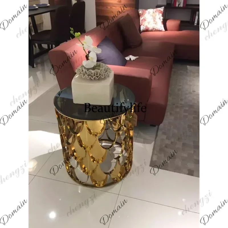 OHX Modern fish scale stainless steel living room side table personalized gold small coffee table simple round bedroom bedside t