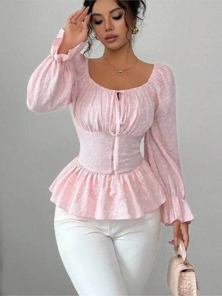 

2026 Весенние однотонные блузки с длинными рукавами, футболки, затягивающие талию, плиссированные оборки, тонкий, простой стиль, повседневные, милые