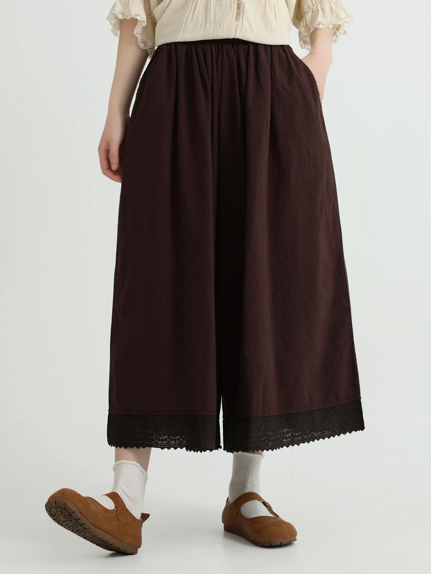 

Широкие брюки Boeren с кружевной отделкой для женщин, летний стиль, однотонные, универсальные, с высокой талией, эластичные, из хлопка, повседневные