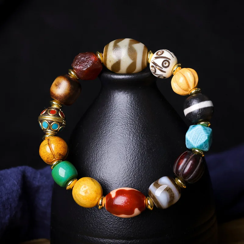 Original Tibetan-style multi- bracelet with antique treasure vase , old agate melon beads, and six-character mantra