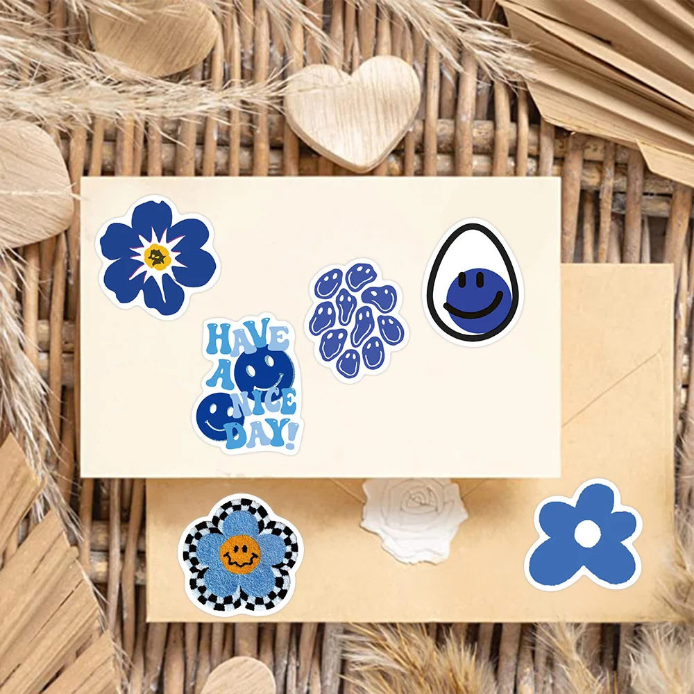 59pcs Blue Smiley Stickers For Suitcase Phone Stationery Scrapbook Scrapbooking Materiales Craft Supplies Vintage Smile Sticker