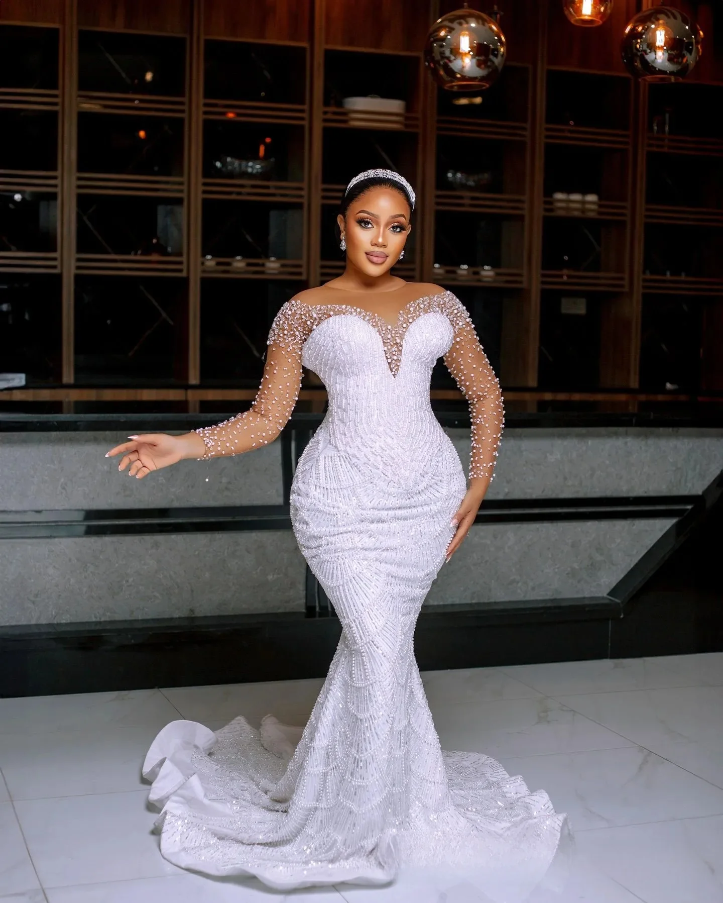 Customized Plus Size Wedding Dress Bride Mermaid Wedding Gowns Detachable Train Illusion Sheer Neck Long Sleeves Pearls Dresses