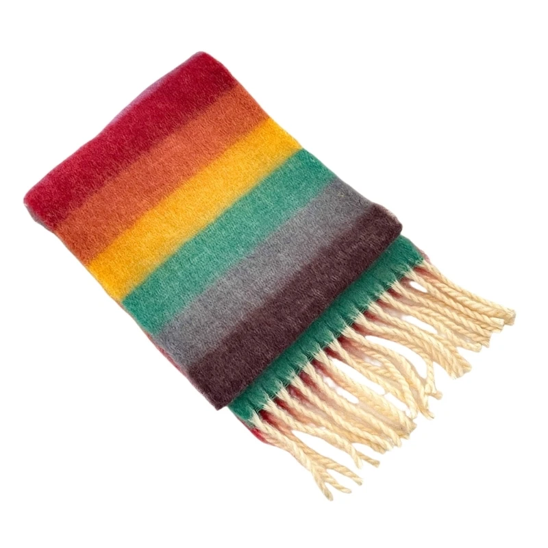 Colorful Rainbow Stripe Kids Scarf Soft Faux Cashmere Fringe Child Neck Warmer