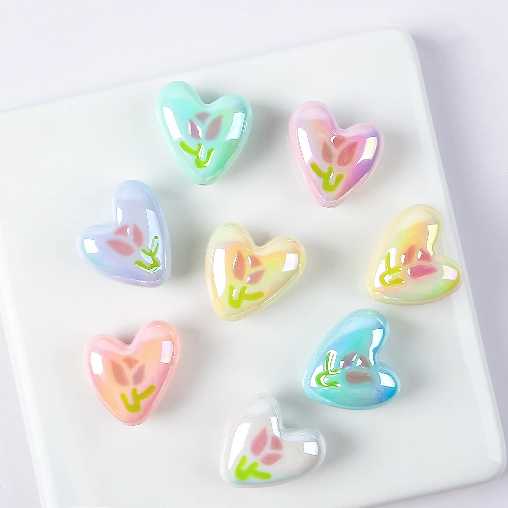 5pcs UV Acrylic Beads Aurora Effect Heart Shape Beads Loose Spacer Beads Phone Chain Bracelect Jewelry Making Findings Component