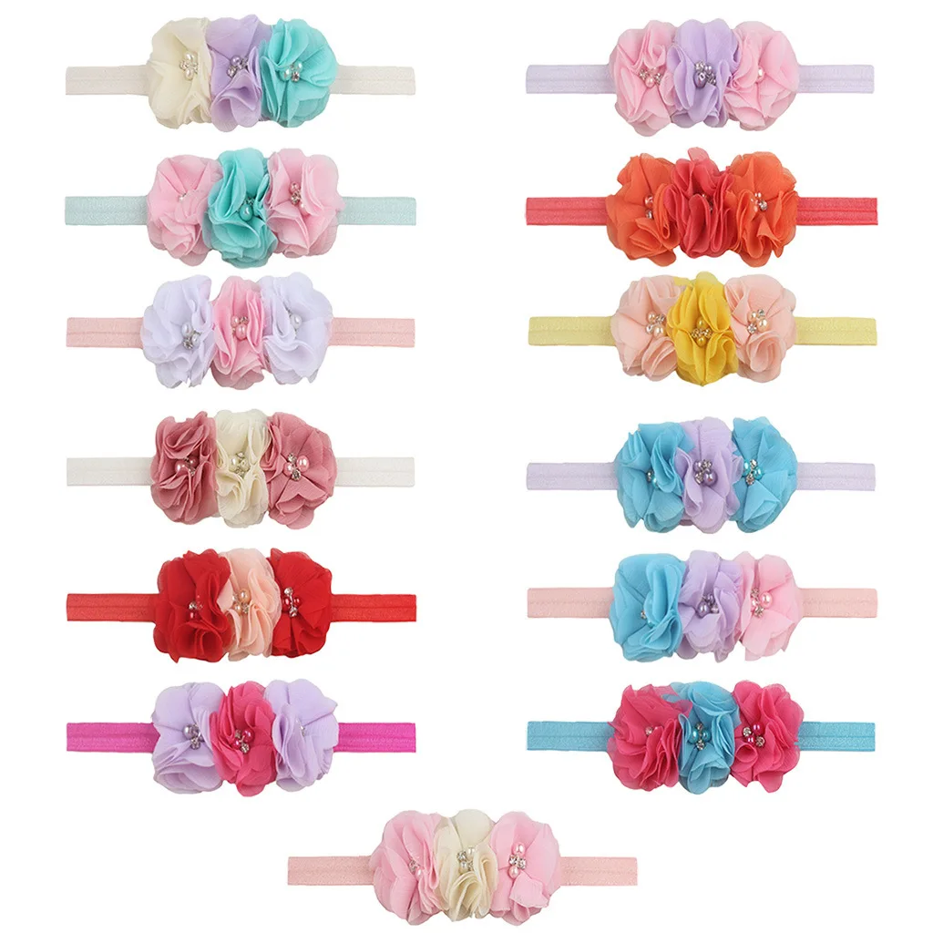 13 Colors Baby Supplies 3 Chiffon Beads Headband Cute Headband Soft and Elastic Girl Baby Newborn Headband Accessories