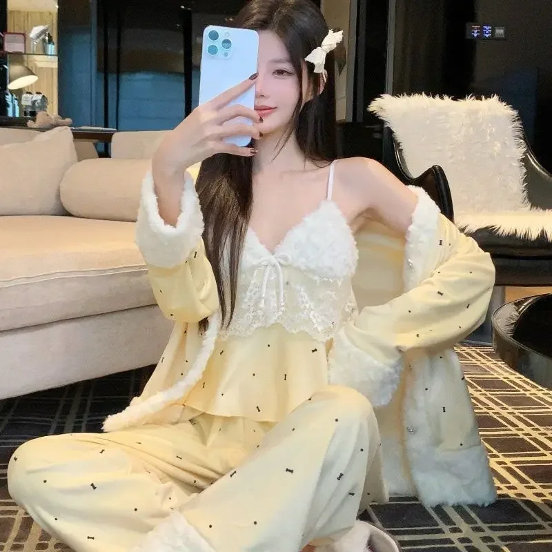 Pure Desire Wave Point Island Velvet Pajama Women's Autumn  Long Sleeve Thickened Warm Set with Chest Cushion Slimming Homewear