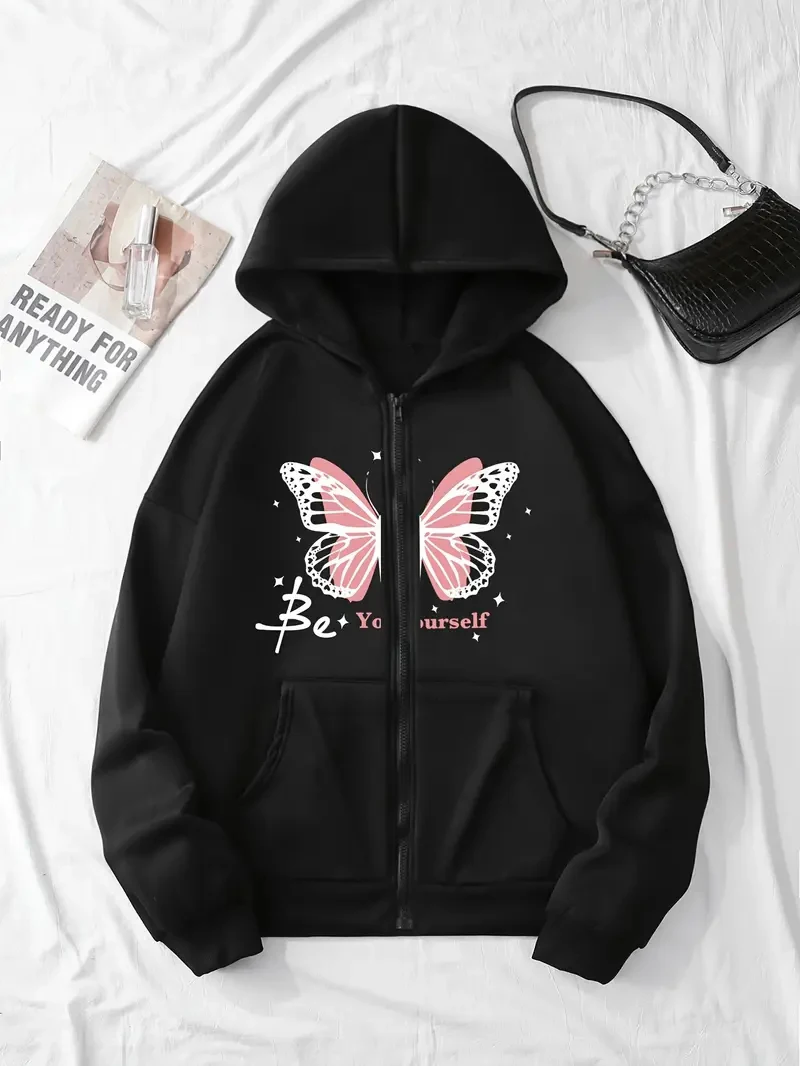Women's Spring and Autumn Butterfly Print Fashion Zipper Sweatshirt