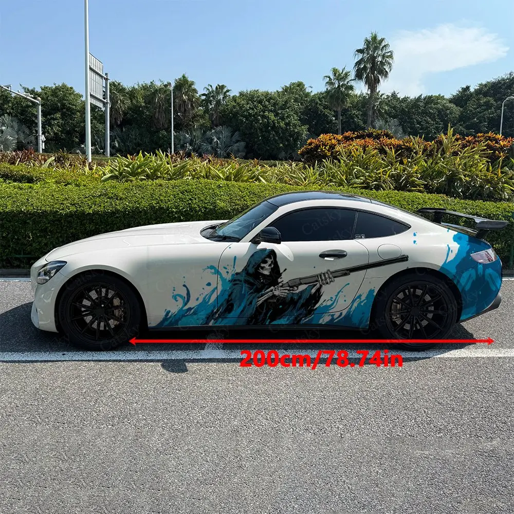 Splatter Art Blue Flame Reaper Car Side Wraps, Self-Adhesive PVC Waterproof & Scratch-Resistant Stickers, Car Accessory Gift