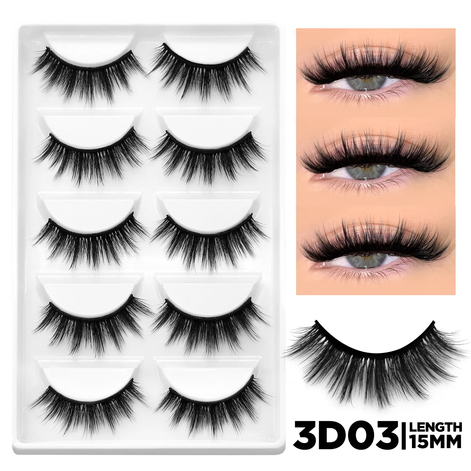 3D Natural False Lashes, Cat Eye, 6 Pairs