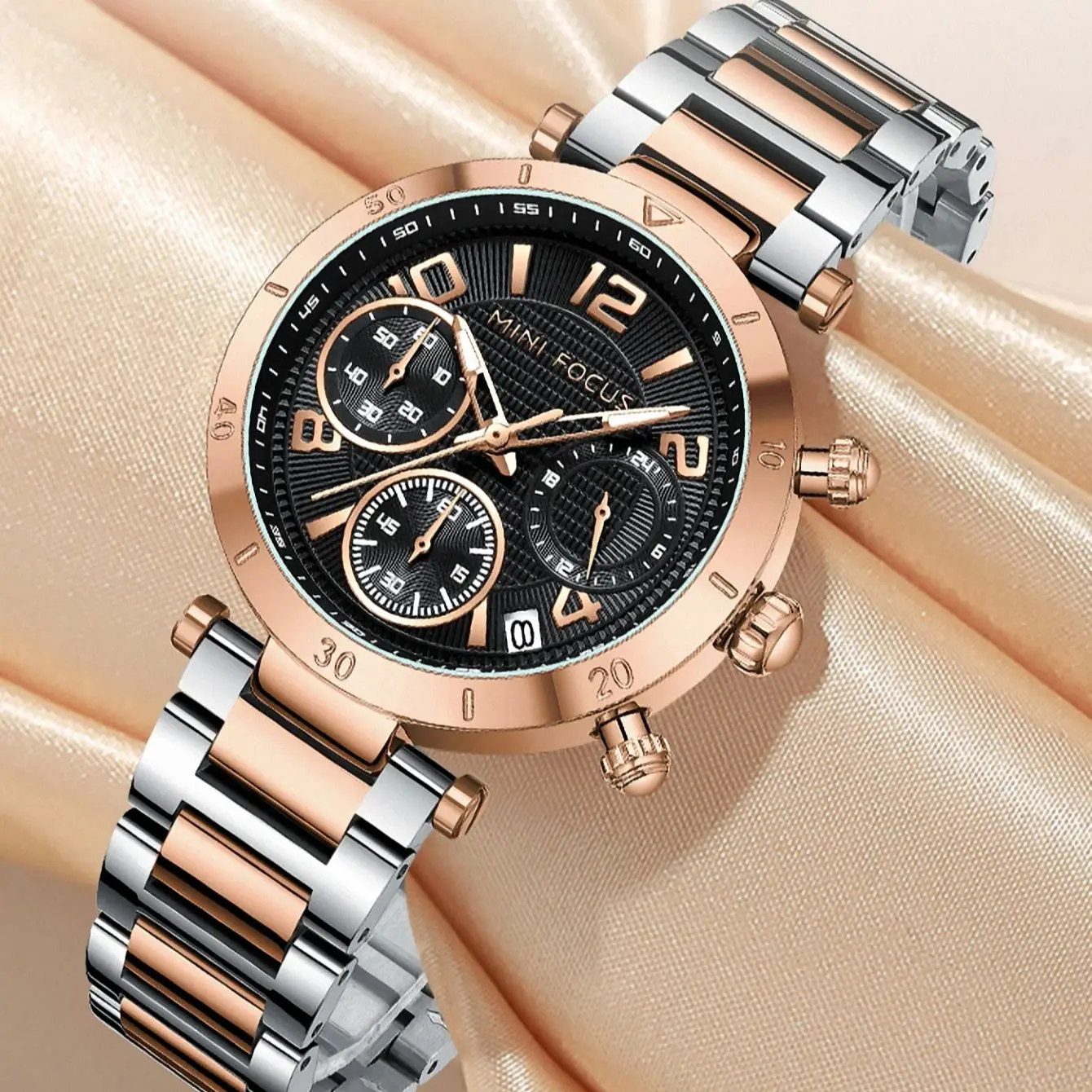 MINI FOCUS Fashion Rose Gold Ladies Watches Top Brand Luxury Multifunction Elegant Quartz Women Watch Stainless Steel Strap 0489