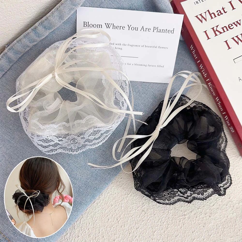 

Korean Lace mesh Scrunchies Women Elastic Hair Bands White Black Bows Ribbon Hair Rope Ponytail Holder Hair Ties Accessories