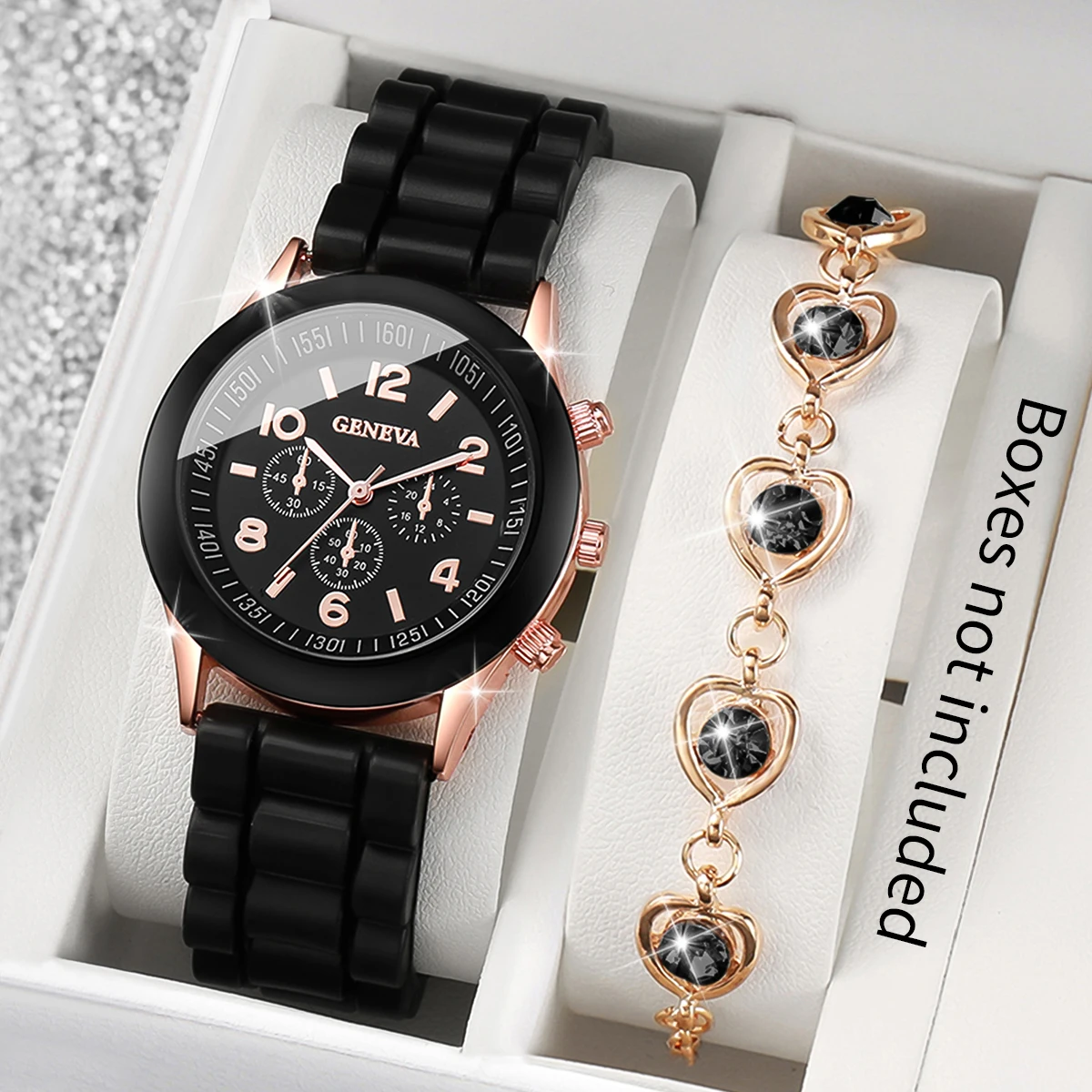 Women Fashion Silicone Band Quartz Watch with Love Heart Diamond Bracelet