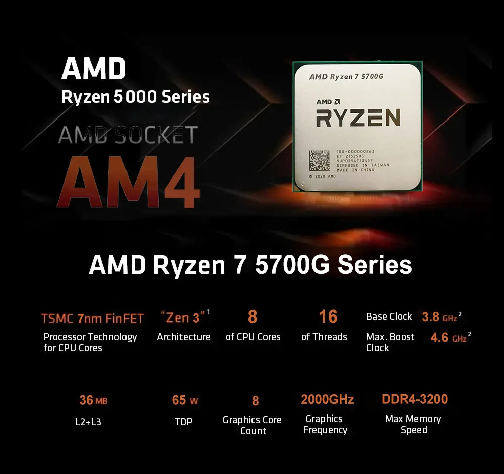 AMD New R7 5700G Ryzen 7 5700G 3.8GHz Eight-Core 16-Thread 65W CPU L3=16M 100-000000263 Socket AM4