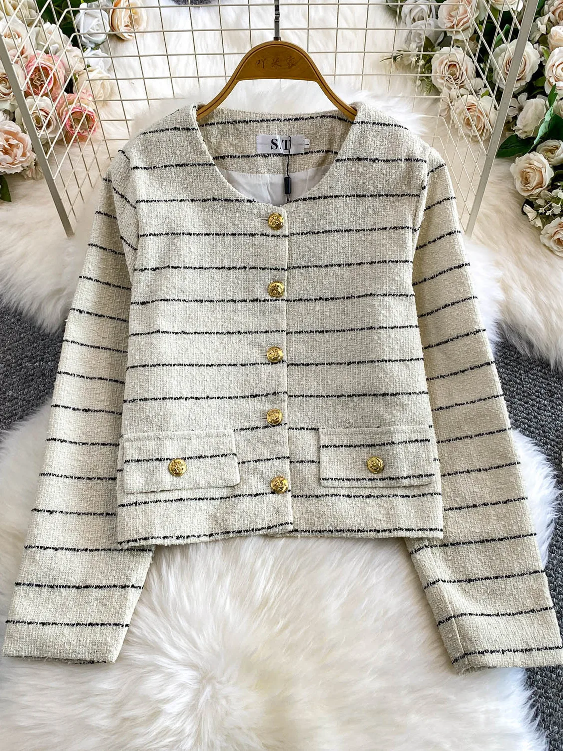 

Slimming Tweed Long Sve round Ne Outerwear for Women Luxury Lady Sle Striped Coats Metal Button Fitted Autumn Winter J...