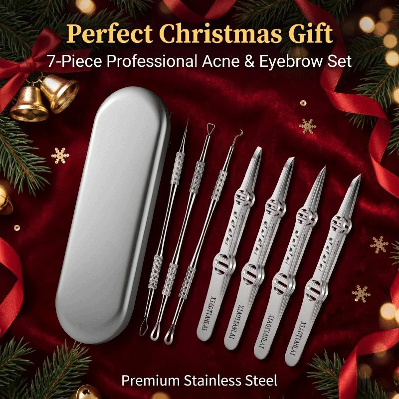 7-piece stainless steel hair removal tweezers and acne tool set, blackhead remover, acne needle, eyebrow tweezers, white hair plucking tweezers, beard clipper, portable storage box, small Christmas gift