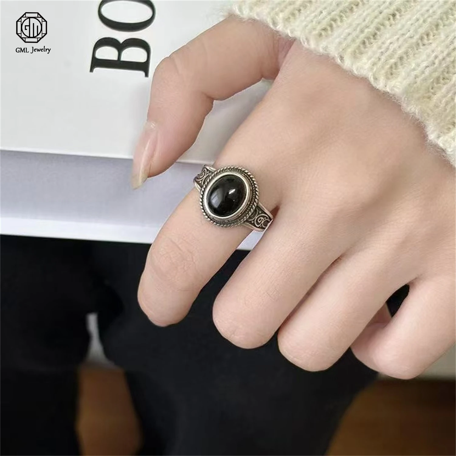 Sterling Silver Open Adjustable Black Agate Carved Ring 5 Sterling Silver Open Adjustable Black Agate Carved Ring