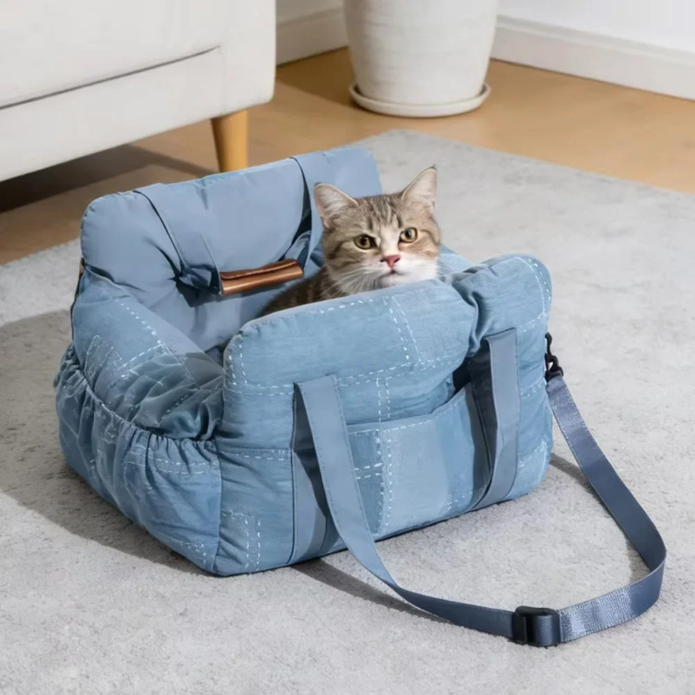 Adjustable Safety Dog Car Seat Bed Vintage Denim Patchwork Travel Pet Nest with Safety Buckle Washable Cats Booster Car Seat