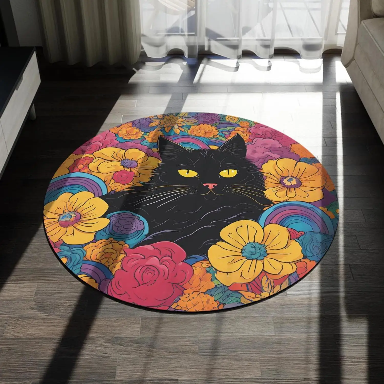 Cat Moon Star Printed Anti Slip Round Area Rug Soft Washable Decorative Floor Carpet Bedroom Living Room Home Indoor Decor Mat