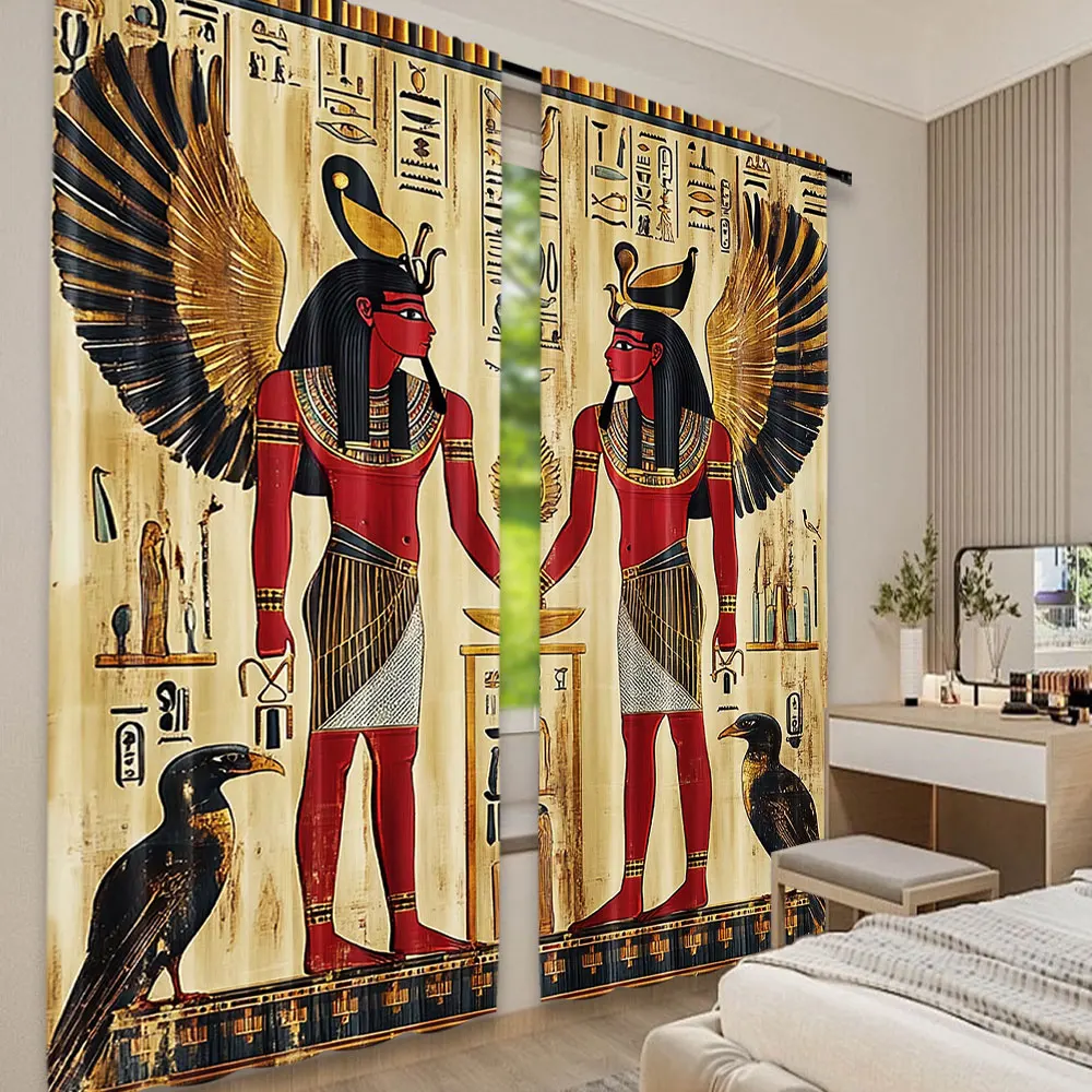 2pcs Ancient Egyptian Curtains Wings God Hieroglyph Window Drapes Vintage Pharaoh Culture Decor for Living Room Bedroom