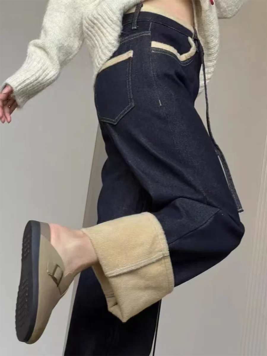 

plus Size Thiened Fce Denim Pants Women High Waist Loose Wide Leg Floor-Length Trousers Winter Slimming Straight Cut Jeans